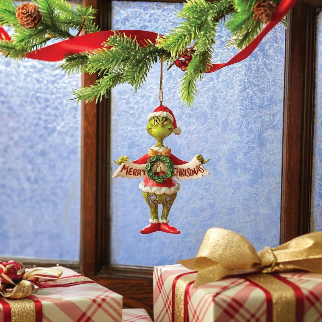 Grinch Collection Grinch Holding Merry Grinchmas Banner Ornament By Jim Shore ...