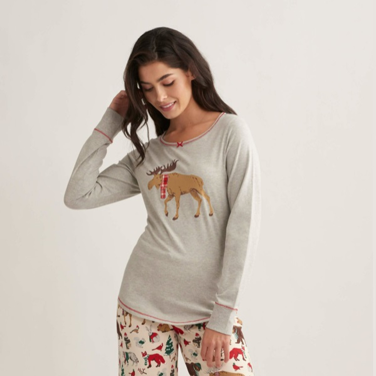 Moose on Grey Women's Stretch Jersey Pajama Top 