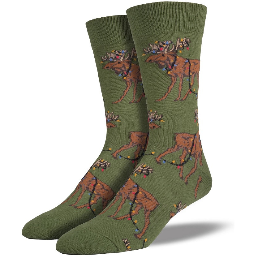 Xmas Moose Lights Men's Crew Socks by Socksmith Canada RetroFestive.ca