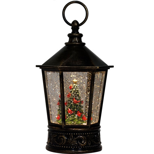 10.25" Cardinal Tree Hexagon Glitter Lantern Lit View 