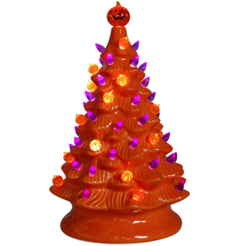 13" Haunted Halloween Orange Ceramic Light Up Tree Lit View