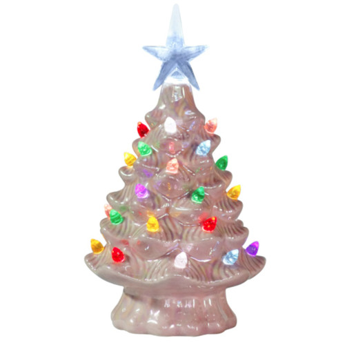 7.5" Pearlized Pink Ceramic Light Up Tree Lit View  7.5" Pearlized Pink Ceramic Light Up Tree Lit View