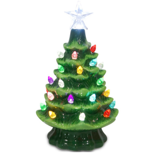 7.5" Green Ceramic Light Up Christmas Tree Lit View 