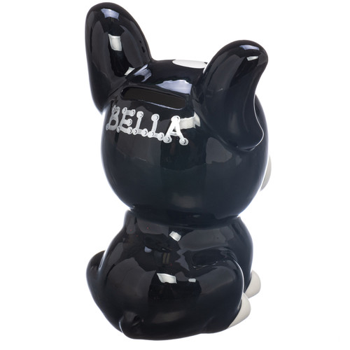 Personalized Black and White Dog Money Bank - example of personalization on back of money bank Personalized Black and White Dog Money Bank - example of personalization on back of money bank