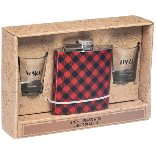 Red Plaid Hip Flask with 2 Shot Glasses