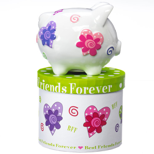 Hearts and Flowers piggy bank on top of gift box