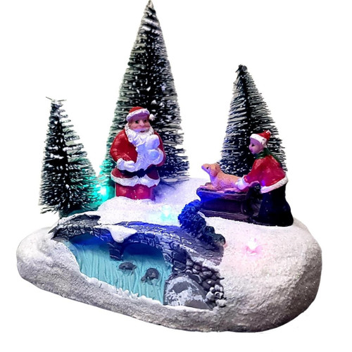 LED Winter Bonfire Scenes Santa and His Little Helper Lit View  LED Winter Bonfire Scenes Santa and His Little Helper Lit View