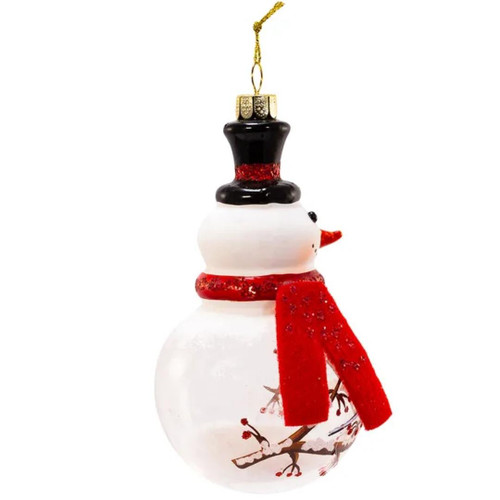 Glass Snowman With Cardinal and Chickadee Ornaments Right Side View Glass Snowman With Cardinal and Chickadee Ornaments Right Side View