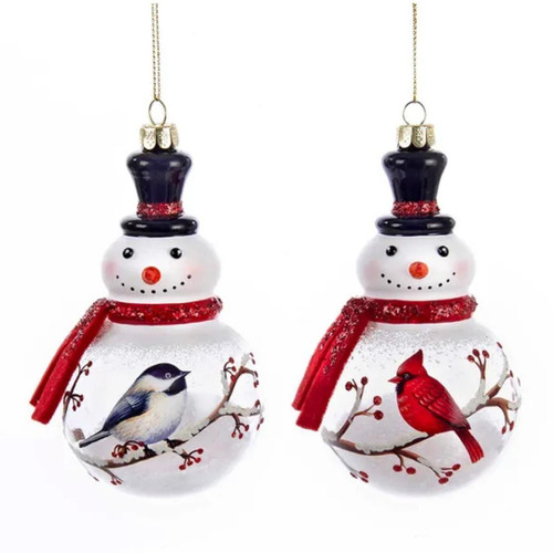 Glass Snowman With Cardinal and Chickadee Ornaments Glass Snowman With Cardinal and Chickadee Ornaments
