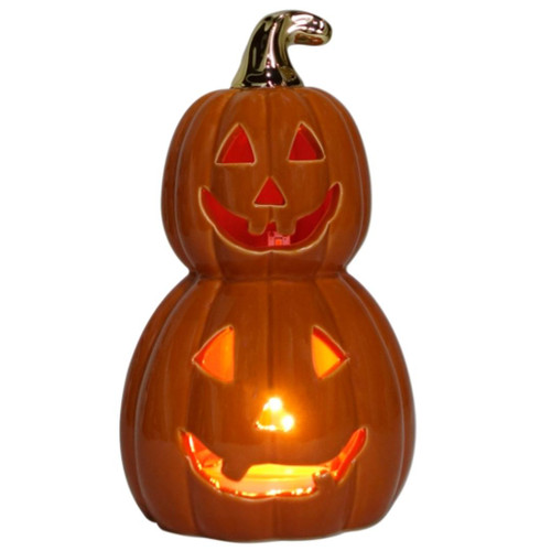 8.75" Flickering LED Ceramic Stacked Pumpkins Lit View 8.75" Flickering LED Ceramic Stacked Pumpkins Lit View