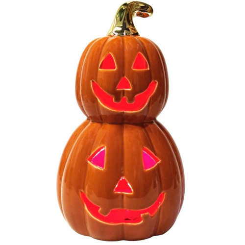 8.75" Flickering LED Ceramic Stacked Pumpkins Lit View 8.75" Flickering LED Ceramic Stacked Pumpkins Lit View