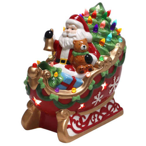 Whimsical Light-Up Ceramic Santa Sleigh -Lit View Whimsical Light-Up Ceramic Santa Sleigh -Lit View