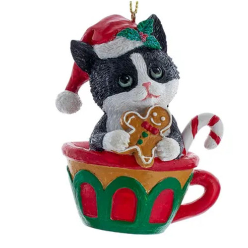Christmas Cat Ornaments in 3 Styles - Black and white cat in cup
