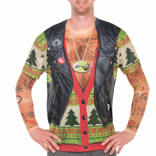 Born to Ride Men’s Christmas Biker T-Shirt with Tattoo Sleeves by Faux Real - Close Up