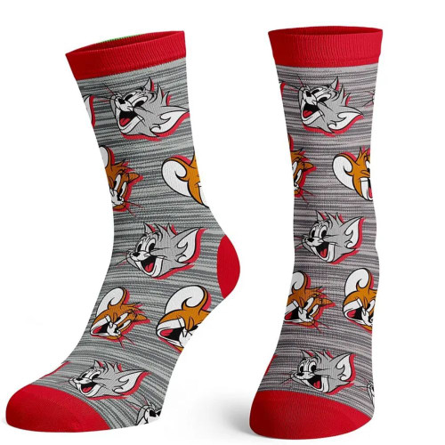Tom and Jerry Faces Men's Crew Socks by Bioworld (Grey)
