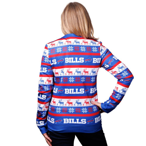 Rear of Buffalo Bills Christmas Sweater on Her