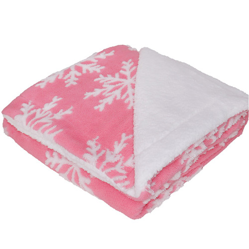 Snowflake Feather Yarn Fleece Sherpa Blanket - Pink