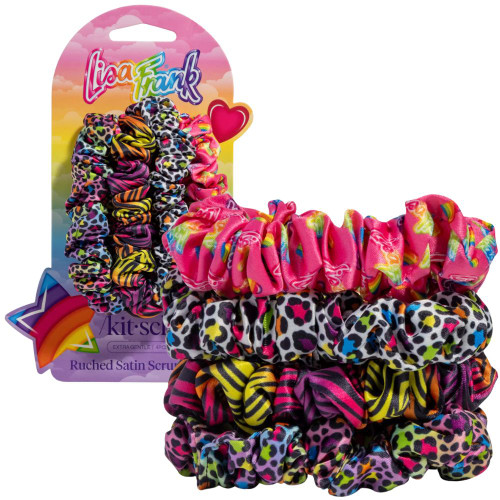 Lisa Frank x Kitsch Ruched Satin Scrunchies in Rainbow Leopard