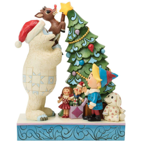 Bumble Holding Rudolph by Tree Figure by Jim Shore