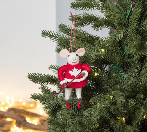 Canadian Hockey Mouse Ornament on Tree