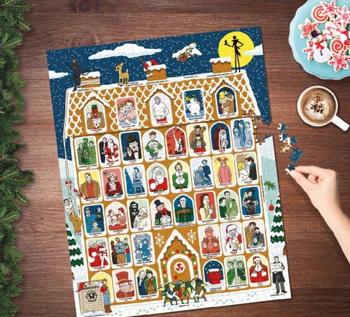 50 Must-Watch Christmas Movies puzzle being assembled on a table