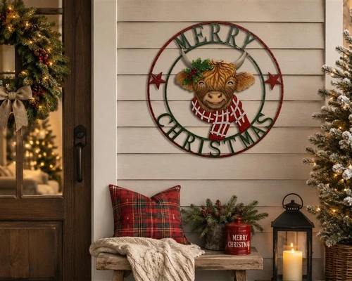 Hanging on the porch - Highland Cow Merry Christmas Sign