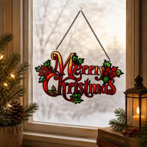 In Window - Merry Christmas Stained Glass-Style Hanging Decoration