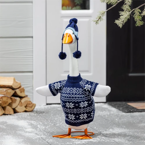 Glamour Shot of Giddy the Goose in Blue Sweater Outfit