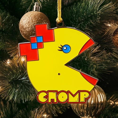 Glamour Shot of Ms Pac-Man Enamel Ornament on Tree