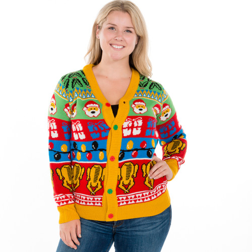 Retro Holly & Turkey Christmas Cardigan on Her Retro Holly & Turkey Christmas Cardigan on Her
