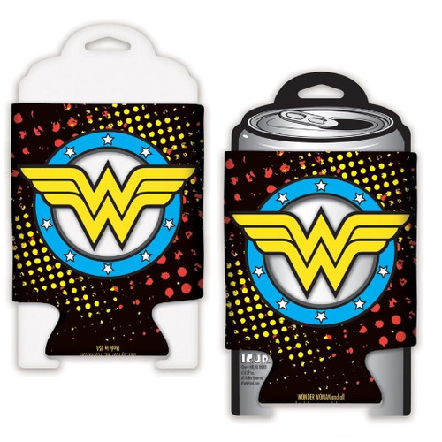 Wonder Woman Insignia Diecut Punch Out Can Cooler Front and Back View Wonder Woman Insignia Diecut Punch Out Can Cooler Front and Back View
