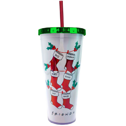 Friends Christmas Stocking Foil Acrylic Cup With Straw and Lid