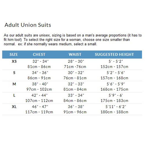 Adult Union Size Chart Adult Union Size Chart