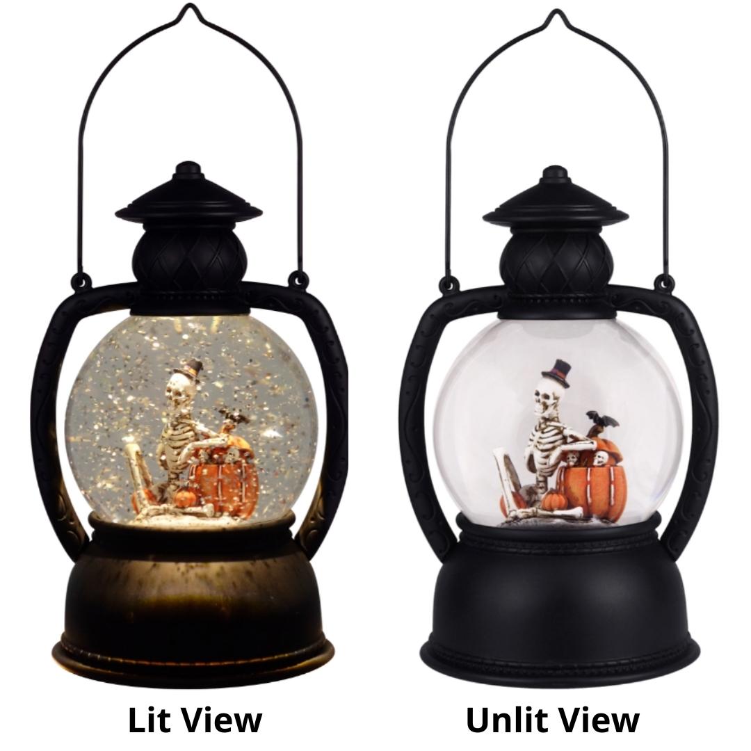 10.25" Haunted Skeleton With Pumpkin Glitter Lantern RetroFestive.ca