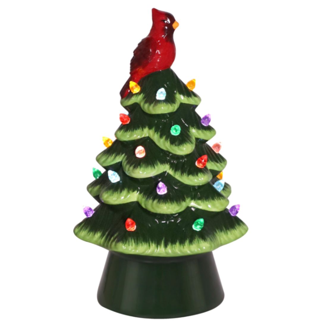 8.5" LED Green Ceramic Light Up Christmas Tree with Cardinal Topper