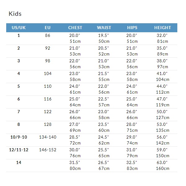 Sizing Charts – Kaye 21 Kids