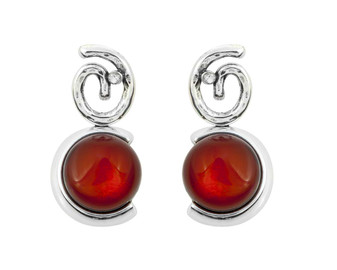 Silver Swirl and Red Amber Stud Earrings