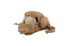 Strike 2300 backpack, Coyote Brown, showing how helmet can be stored between the front pocket and the main body of pack