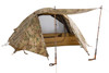 Kelty 1 Man Field Tent Multicam with rain fly attached and awning deployed with trekking poles