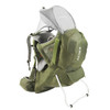 Kelty Journey PerfectFIT Signature child carrier backpack, Moss Green, showing sunshade deployed over top of pack