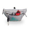 Kelty Warbler fanny pack, Smoke/Lagoon, front view, with front pocket opened