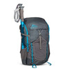 Kelty Asher 35 backpack, Beluga/Stormy Blue, front view, with trekking poles attached