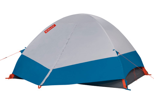 Kelty Late Start 4 person tent, dark gray, with white/blue rain fly attached and fully closed