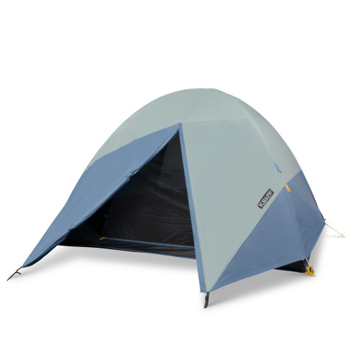 Kelty Discovery Element 6 tent, front view, with fly attached and door open