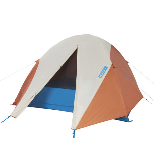 Kelty Bodie 4 tent, front view, fly attached, door open