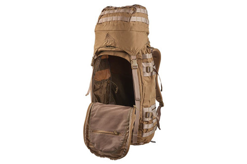 Kelty Falcon 4000 USA backpack, Canyon Brown, with front compartment unzipped to show interior of pack