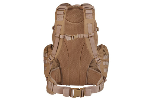 Strike 2300 backpack, Coyote Brown, rear view, showing padded shoulder straps and waist belt