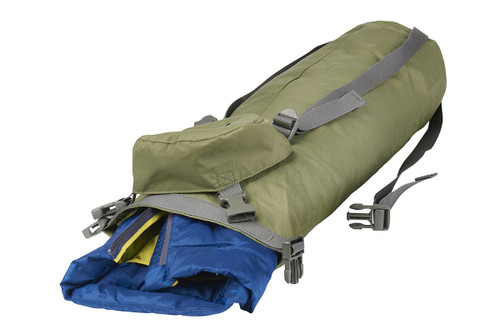 Kelty Varicom Compression Sack on its side, with roll top unbuckled and insulated jacket partially extended out of bag