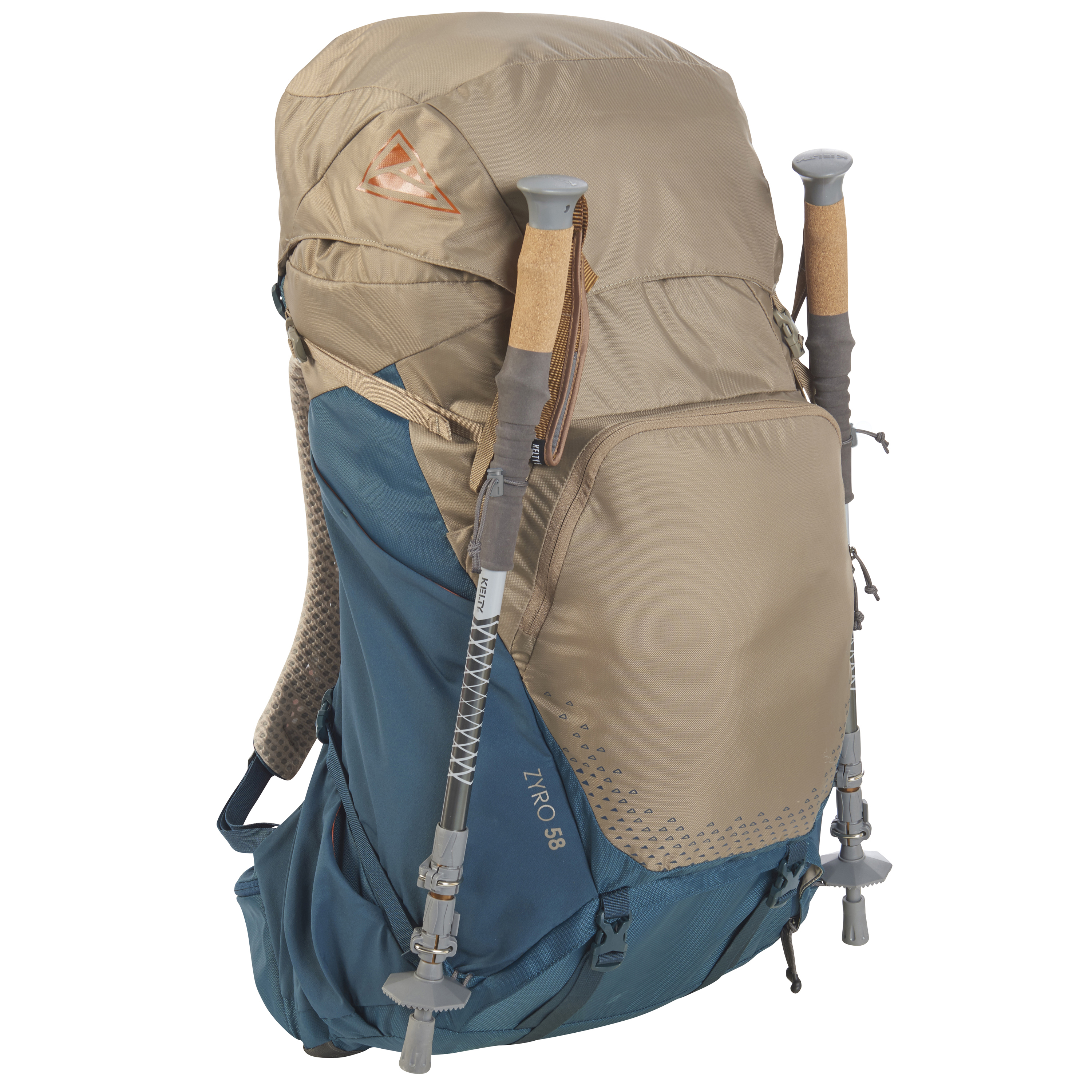 Kelty Zyro 58 backpack, Fallen Rock/Reflecting Pond, with trekking poles attached to sides of pack