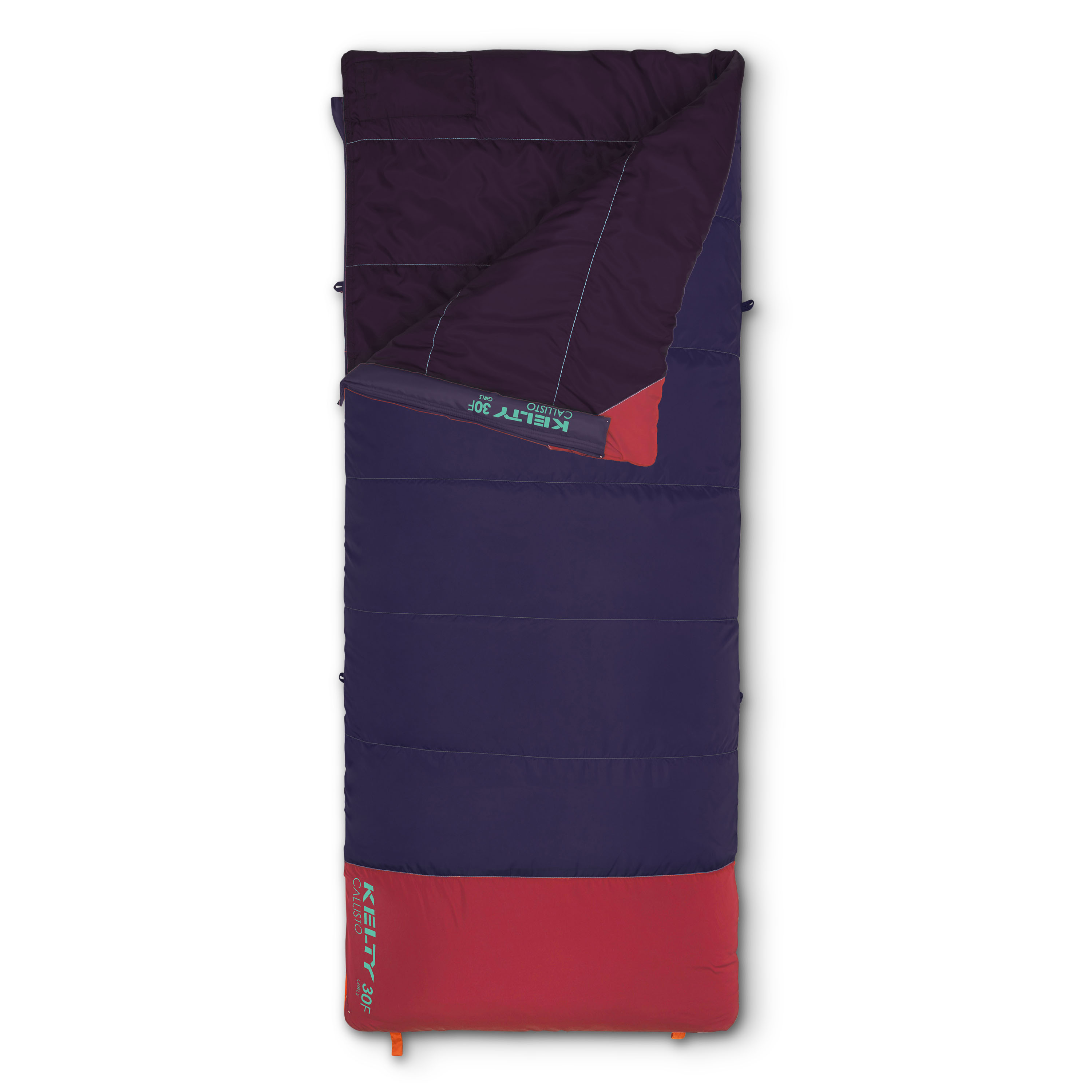 Italian Plum - Kelty Kids Callisto 30 sleeping bag, shown unzipped quarter length